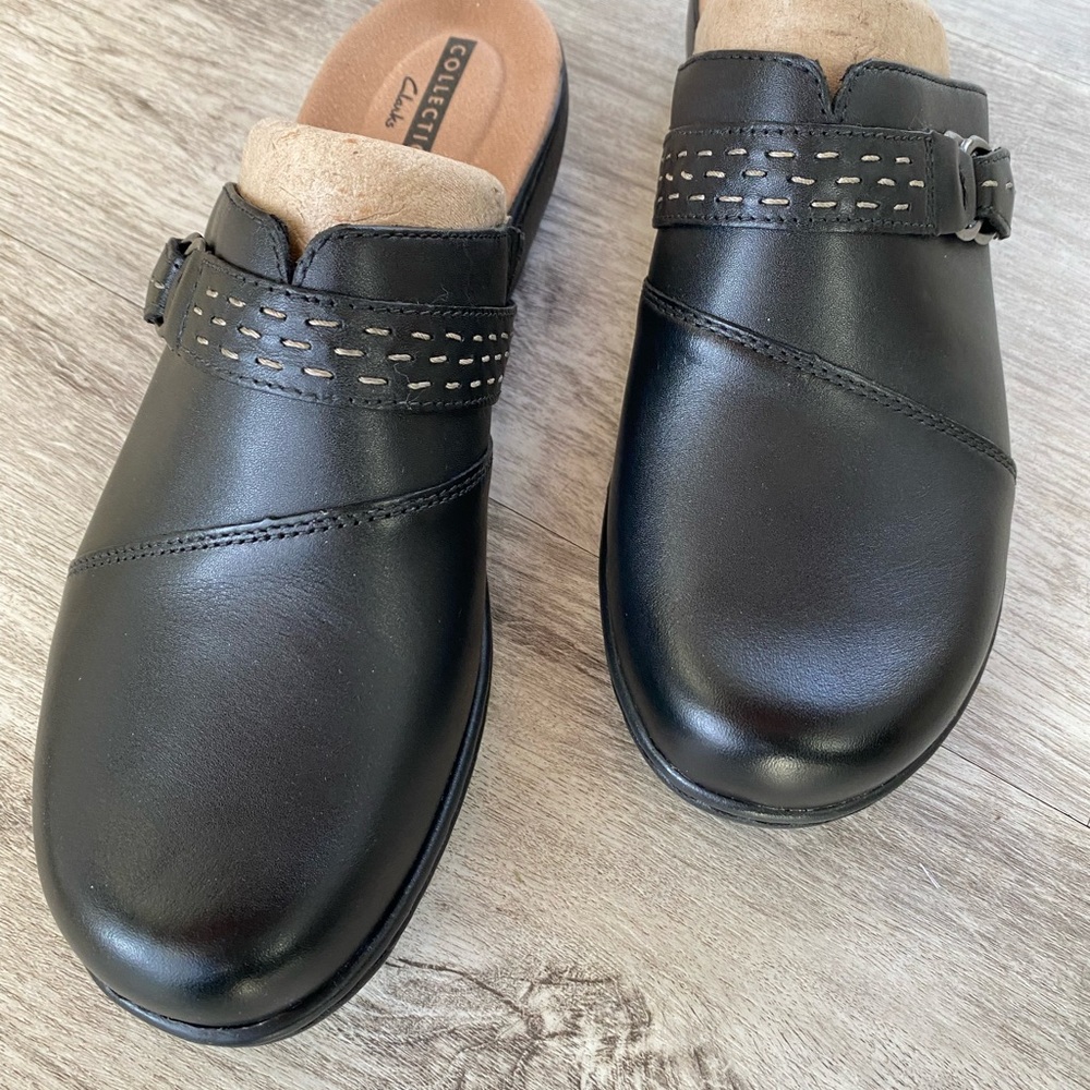 Clarks Black Leather Clogs with Strap